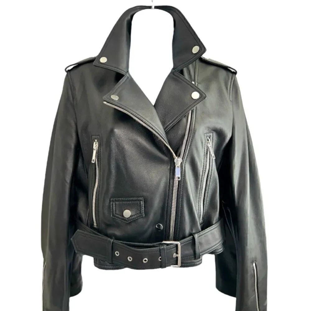 LTH JKT Cropped Leather Black Motorcycle Jacket Size L.